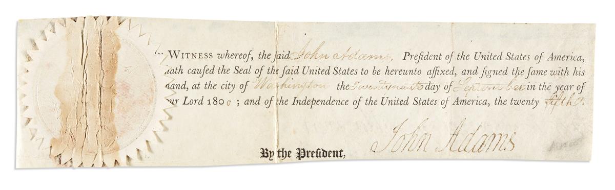 ADAMS, JOHN. Signature, as President, on a clipped portion of a partly-printed vellum document